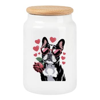 Bouledogue français avec rose et lunettes en forme de cœur - Boîte à biscuits avec couvercle en bois - blanc - Devant
