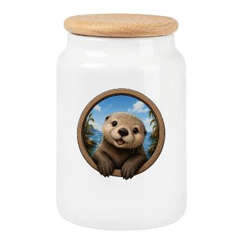 Otter in round window by the sea - Cookie Jar with Wooden Lid - white - Front