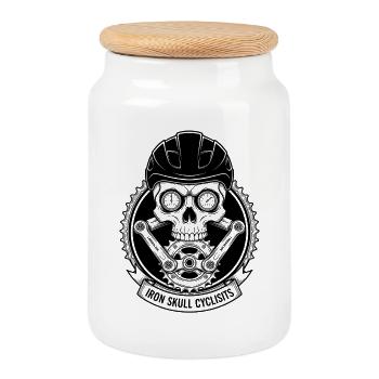 Skull Bicycle MTB Mountain Bike Road Bike Design - Cookie Jar with Wooden Lid - white - Front