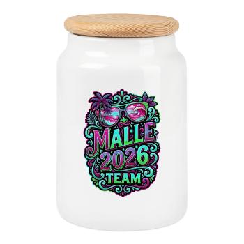 Malle 2026 Bunt Tropisch - Keksdose mit Holzdeckel - Weiß - Vorne
