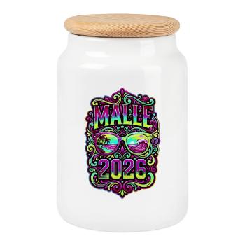 Malle 2026 Bunt Mallorca - Keksdose mit Holzdeckel - Weiß - Vorne