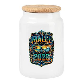 Malle 2026 Bunt Mallorca - Keksdose mit Holzdeckel - Weiß - Vorne