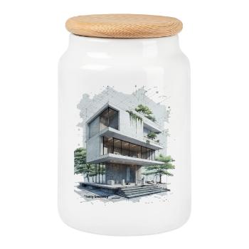 Fancy Geometry Modern House - Cookie Jar with Wooden Lid - white - Front