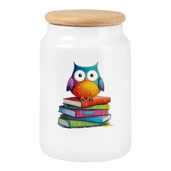 Stack of books owl - Cookie Jar with Wooden Lid - white - Front