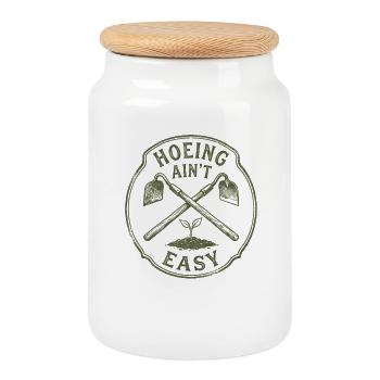 Hoeing is not easy – gardening for women - Cookie Jar with Wooden Lid - white - Front