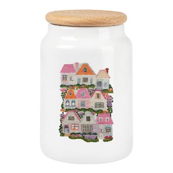 Maisons colorées avec des fleurs et des arbres – conte de fées - Boîte à biscuits avec couvercle en bois - blanc - Devant