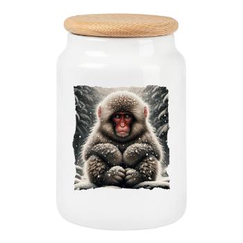 Schneeaffe Snow Monkey - Cookie Jar with Wooden Lid - white - Front