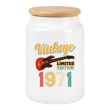 Vintage 1971 Limited Edition Retro Guitar Art - Cookie Jar with Wooden Lid - white - Front