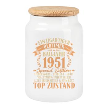 1951 Vintage Car 75th Birthday Gift Idea - Cookie Jar with Wooden Lid - white - Front