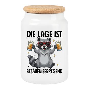 Die Lage Ist Besäufniserregend mit Waschbär - Keksdose mit Holzdeckel - Weiß - Vorne
