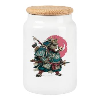 Boar Samurai in Teal Armor - Cookie Jar with Wooden Lid - white - Front