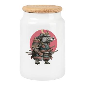 Boar Samurai in Armor with Pink Crest - Cookie Jar with Wooden Lid - white - Front