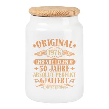 Original 1976 Jahrgang 50. Geburtstag Geschenk - Keksdose mit Holzdeckel - Weiß - Vorne