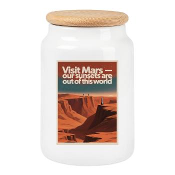 Besuch auf Mars | Retro Space Tour - Keksdose mit Holzdeckel - Weiß - Vorne