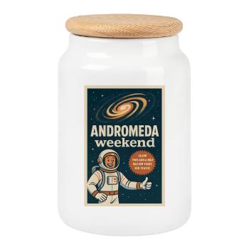 Andromeda Wochenende | Space Humor Retro - Keksdose mit Holzdeckel - Weiß - Vorne