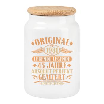 Original 1981 Jahrgang 45. Geburtstag Geschenk - Keksdose mit Holzdeckel - Weiß - Vorne