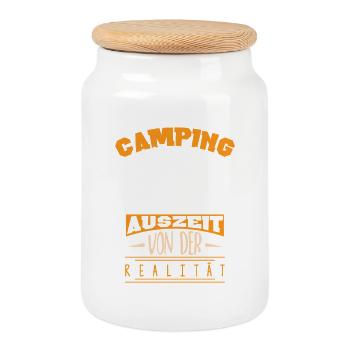 Camping Camper Wohnwagen Wohnmobil Campingplatz - Keksdose mit Holzdeckel - Weiß - Vorne