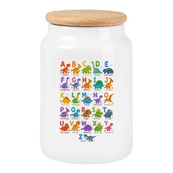 Dino-Alphabet: Bunte Buchstabenwelt - Keksdose mit Holzdeckel - Weiß - Vorne