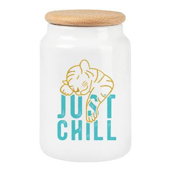 Just Chill Tiger – Relaxed Saying - Cookie Jar with Wooden Lid - white - Front