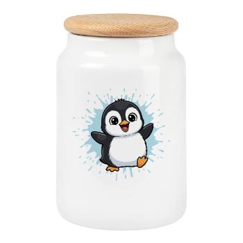 Kunterbunter Pinguin Splash - Keksdose mit Holzdeckel - Weiß - Vorne