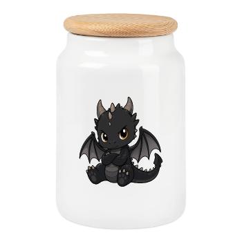 Little Black Dragon with Wings - Cookie Jar with Wooden Lid - white - Front