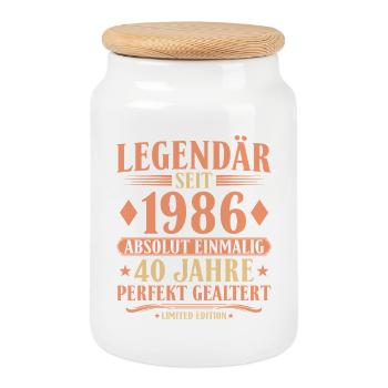 1986 Geboren - Absolut Einmalig 40. Geburtstag - Keksdose mit Holzdeckel - Weiß - Vorne