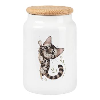 Neugierige Katze Mit Pflanzenmotiv - Keksdose mit Holzdeckel - Weiß - Vorne