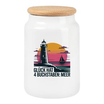  Glück Hat 4 Buchstaben Meer Leuchtturm Segelboot - Keksdose mit Holzdeckel - Weiß - Vorne