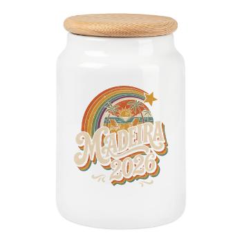 Madeira 2026 Retro Sonnenuntergang - Keksdose mit Holzdeckel - Weiß - Vorne