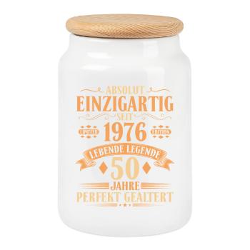 Einzigartig seit 1976 - 50. Geburtstag Vintage - Keksdose mit Holzdeckel - Weiß - Vorne