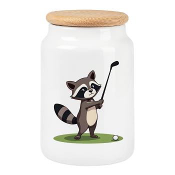 Raton laveur jouant au golf - Boîte à biscuits avec couvercle en bois - blanc - Devant