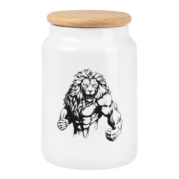 Lion Bodybuilding - Cookie Jar with Wooden Lid - white - Front