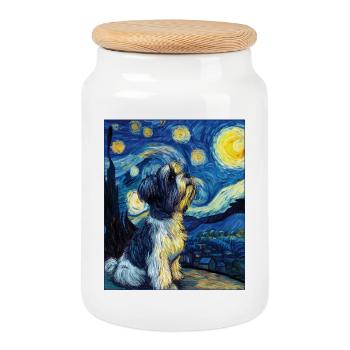 Shih Tzu - Boîte à biscuits avec couvercle en bois - blanc - Devant
