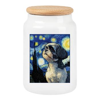 Shih Tzu - Boîte à biscuits avec couvercle en bois - blanc - Devant