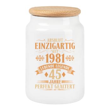 Einzigartig seit 1981 - 45. Geburtstag Vintage - Keksdose mit Holzdeckel - Weiß - Vorne