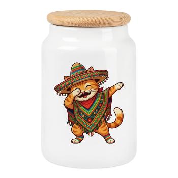 Poncho Cinco de Mayo funny Mexican Cat Dab - Cookie Jar with Wooden Lid - white - Front
