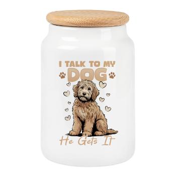 Race de chien Goldendoodle - Boîte à biscuits avec couvercle en bois - blanc - Devant