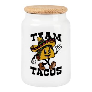 Team Tacos | Fröhlicher Taco Sombrero Cartoon - Keksdose mit Holzdeckel - Weiß - Vorne