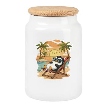 Penguin on the beach at sunset - Cookie Jar with Wooden Lid - white - Front