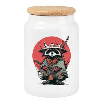 Raccoon Samurai in Red Moon - Cookie Jar with Wooden Lid - white - Front