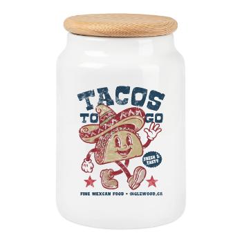 Tacos To Go | Fröhlicher Taco Sombrero Cartoon - Keksdose mit Holzdeckel - Weiß - Vorne