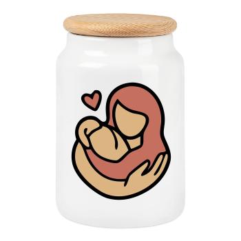Mother Child Hug Love - Cookie Jar with Wooden Lid - white - Front