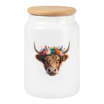 Vache avec couronne de fleurs - Boîte à biscuits avec couvercle en bois - blanc - Devant
