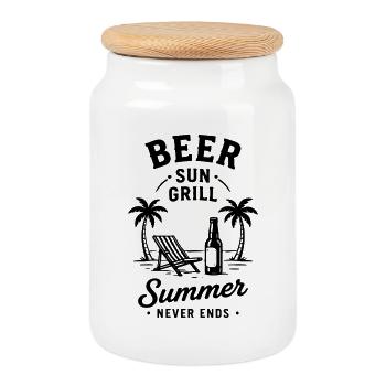 BEER SUN GRILL SUMMER NEVER ENDS Holiday - Cookie Jar with Wooden Lid - white - Front