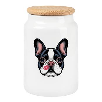 Bouledogue français Embrasse Chien Amour - Boîte à biscuits avec couvercle en bois - blanc - Devant
