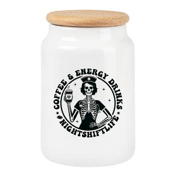 Skeleton Barista with Coffee & Energy Night Shift - Cookie Jar with Wooden Lid - white - Front