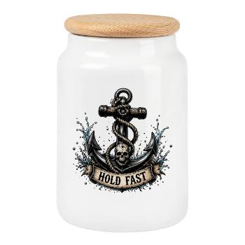 Hold Fast Anchor Skull Nautical Seafarer Pirate - Cookie Jar with Wooden Lid - white - Front