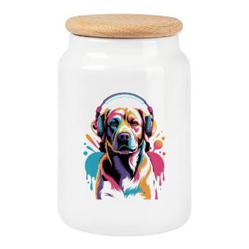 Labrador avec casque - Boîte à biscuits avec couvercle en bois - blanc - Devant