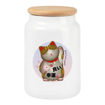 Winkende japanische Katze Abbildung mit Inschrift - Keksdose mit Holzdeckel - Weiß - Vorne