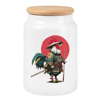 Rooster Samurai in Armour - Cookie Jar with Wooden Lid - white - Front